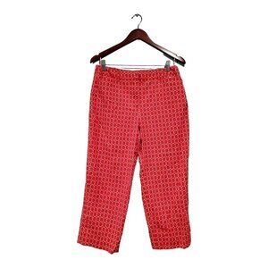 Talbots Women Cropped Red White Circle Pants Pockets Capri Slit Ankle Stretch 8